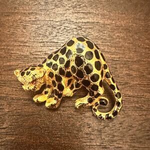 VTG Park Lane Brooch Leopard Jaguar Cat Pin Pendant Black Enamel Gold Crystal